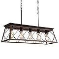 Q&S Farmhouse Rustic Chandelier Light Fixtures Bronze 5 Lights Linear Rectangular Chandelier Pendant Light Fixtures for Dining Room Kitchen Island Pool Bar Office Living Room Entryway UL Listed