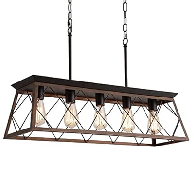 Q&S Farmhouse Rustic Chandelier Light Fixtures Bronze 5 Lights Linear Rectangular Chandelier Pendant Light Fixtures for Dining Room Kitchen Island Pool Bar Office Living Room Entryway UL Listed