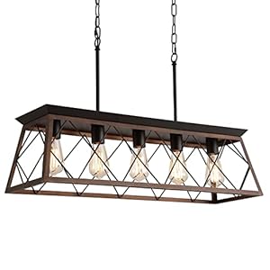 QS Farmhouse Rustic Chandelier Light Fixtures Bronze 5 Lights Linear Rectangular Chandelier Pendant Light Fixtures for Dining Room Kitchen Island Pool Bar Office Living Room Entryway UL Listed