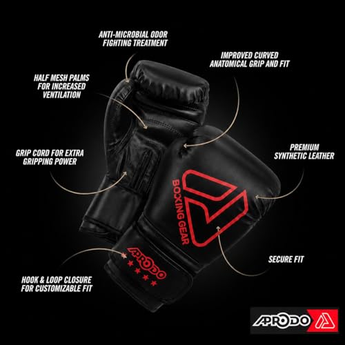 Image of APRODO Beginner Boxing Gloves for Kids & Adults - Men & Women Training, Sparring & Heavy Bag Gloves - Durable PU Leather with Wrist Support (Black /Red, 6oz)