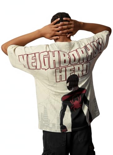Image of The Souled Store Official Marvel: Spider x Venom Oversized T-Shirt for Men Boys Cotton Casual Half Sleeves Baggy Loose Fit Drop Shoulder Round Neck Black