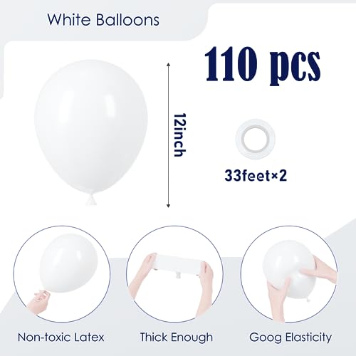 Image of Voircoloria 110pcs White Balloons 12inch Matte White Latex Party Balloons for Wedding, Birthday, Graduation, Bridal Shower, Baby Shower, Bachelorette and Engagement Decorations