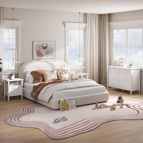 Image of JOINICE White Nightstand with Charging Station, Jenny Lind Spindle Style | Bedside Table for Bedroom, Living Room, Kids Room, End Table with 2 Large Drawers Solid Wood Legs, Easy Assembly
