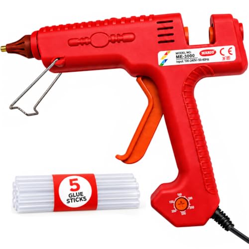 Image of Mario 300W Heavy Duty Glue Gun - Long Use, Nozzle Guard, Temp control+ 5 Crystal Clear Glue Sticks - Red (ME-3000)