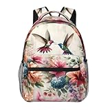 TRYYN Mochila casual de beija-flor floral, leve para laptop, mochila colorida com flores de pássaros para mulheres, homens, adolescentes, estudantes, mochila vintage de poliéster, presentes para