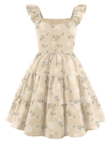 Arshiner Tween Girls Dresses V Neck Smocked Ruffle Dress Apricot White Floral Print Casual Sundress 8-9Y
