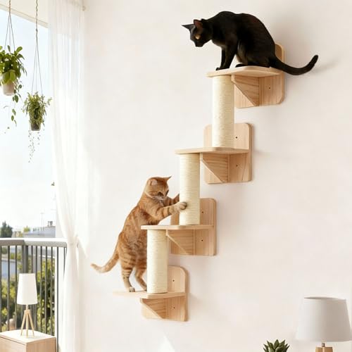 Estante mural para gatos 4 niveles en madera sólida con sisal miniatura 1