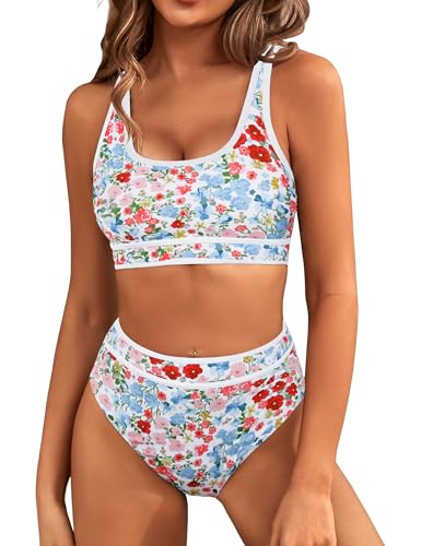 Image of BMJL Women's High Waisted Bikini Sets Sporty Two Piece Swimsuits Color Block Tummy Control Modest Bathing Suit