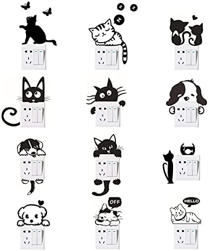 Etiquetas engomadas del interruptor de la pared, etiquetas engomadas del interruptor de la luz del perro del gato Etiquetas engomadas animales divertidas 12 PCS