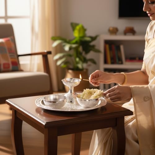 Image of KridayKraft Silver Plated Pooja Thali Set with Swastik Design - Includes Diya and 2 Bowls for Puja, Diwali, and Gifting (19 cm Plate, 110g)
