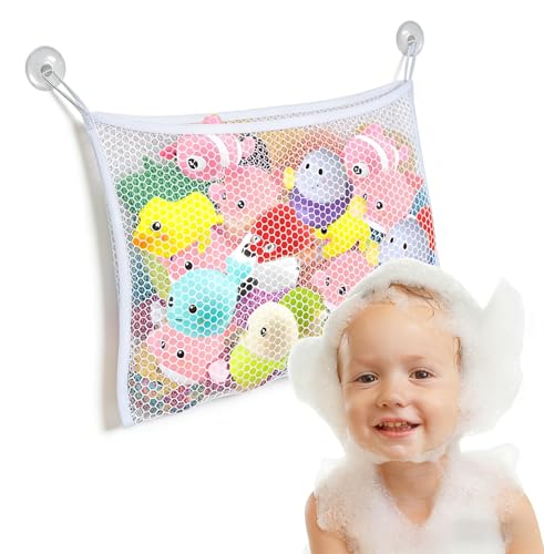 Bath Toy Storage Net Bag 1 Pc Bath Toy Organizer with Strong Suction Cups Multi-Use Bathroom Toy Tidy for Kids and Toddlers Bathtub Storage Holder for Toys and Supplies (White)