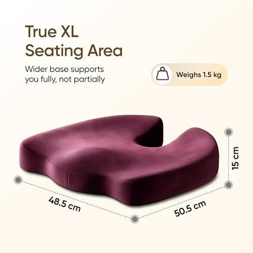 Image of Frido XL Coccyx Seat Cushion for Tailbone Pain Relief | Orthopaedic Memory Foam Chair Cushion for Office Chair, Car Seat & Work from Home | Anti Slip Base | Large Ergonomic Sitting Pillow - Red Wine