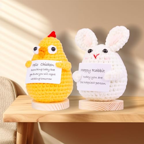 Image of 2PCS Handmade Emotional Support Crochet Rabbit Chick Gifts, Cute Knitted Rabbit Dolls Car Decoartions with Wooden Base, Front Card Decoration for Birthday Gift Home Decoration(A6)