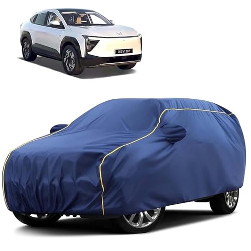 Image of Sulfar 100% Water Resistant Car Body Cover Compatible with Mirror for Mahindra XEV 9e (Triple Stitched, Full Bottom Elastic, Blue Tafetta with Yellow Piping)