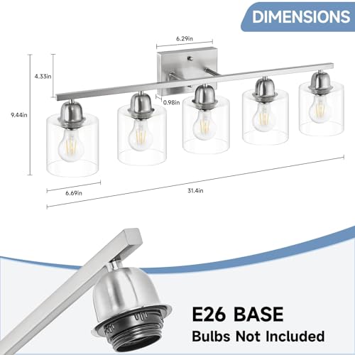 Image of Modern Brushed Nickel 5 Light Bathroom Vanity Light, 31 inch Bathroom Light Fixtures, Vanity Lights for Bathroom with Clear Glass for Mirror Kitchen Living Room Hallway Cabinet Porch