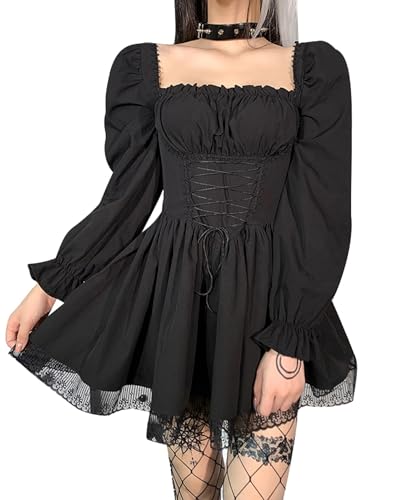 XKBHYD Kleid Hochzeitsgast Damen Winter Langarm Eckiger Ausschnitt Schnürsenkel Rückenfreies Kleider Corset Dress Schwarz Partykleid