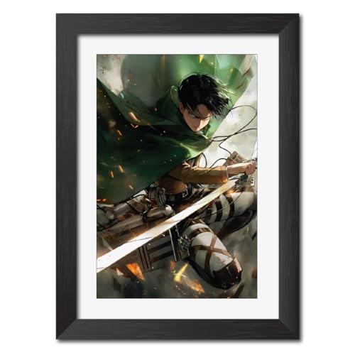 Image of TenorArts Levi Ackerman Posters Attack on Titan Anime Poster Laminated Photo Frame Painting with Matt Finish Black Textures (12inches x 9inches)