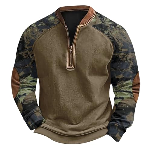 Mens Camo Half-Zip Pullover Sweatshirt Casual Vintage Quarter Zip Sweatshirts Jacket Long Sleeve Print Crewneck Tops