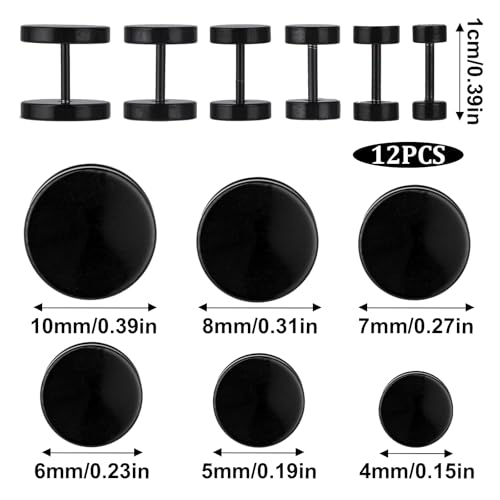 6 Pairs Black Stud for Men Women Fake Gauges Dot Earrings 4-10mm Round Ear Studs2