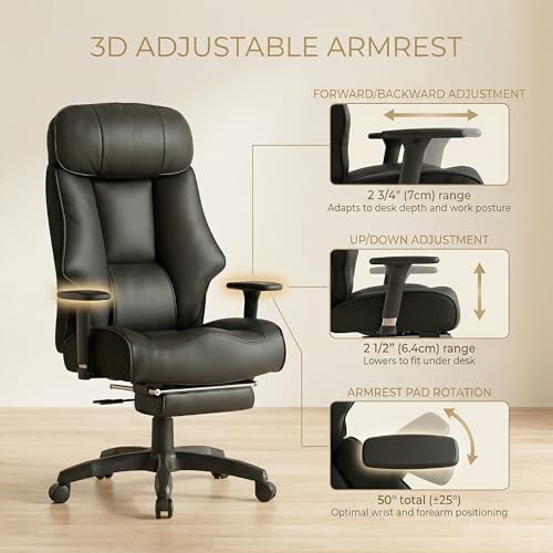 Image of EXCEBET Big and Tall Office Chair 500lbs - 22.4 inch Extra Wide Seat Ergonomic Executive Chair, Heavy Duty High Back Leather Office Chair with Footrest, Lumbar Support & Adjustable Arm (All Black)