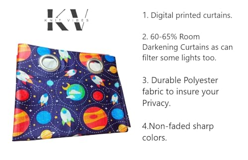 Image of 3D Space Theme Pattern Curtain for Kids Room Curtain 5 feet Set 2 pcs Boys Room Curtain Panel for Play School, Playway Light Filtering Window Panel, 4x5 ft Window Curtain, Blue