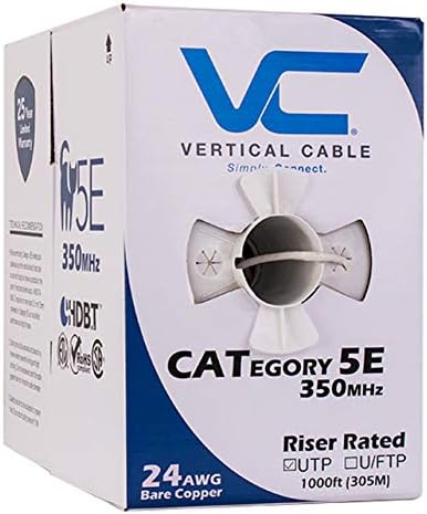 Vertical Cable Cat5e, 350 MHz, UTP, 24AWG, 8C Solid Bare Copper, 1000ft, White, Bulk Ethernet Cable - 054 Series