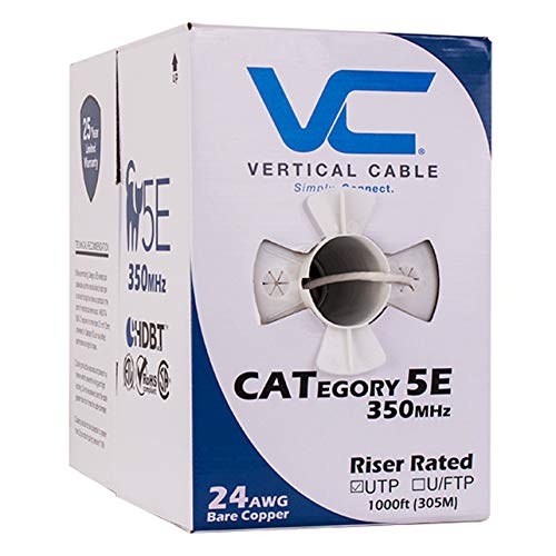 Vertical Cable Cat5E, 350 Mhz, Utp, 24Awg, 8C Solid Bare Copper, 1000Ft, White, Bulk Ethernet Cable - 054 Series #TOP15