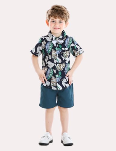 JunNeng Toddler Baby Boy Shorts Sets Hawaiian Outfit,Infant Kid Leave Floral Short Sleeve Shirt Top+shorts Suits (Dark Blue, 4-5 Years) - Thumbnail 4