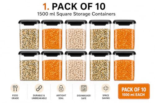 Image of Airtight Plastic Square Container Set for Kitchen Storage Masala Box,Fridge & Pantry Storage,Dishwasher Safe,pulses, cereals,dry fruits,coffee Unbreakable & Space-Saving | (Pack 10-1500 ml)