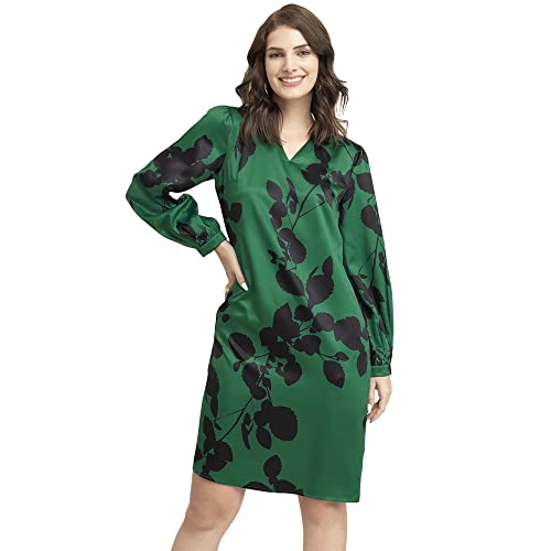 Image of FableStreet Women's V-Neck Green Satin Floral Dress
