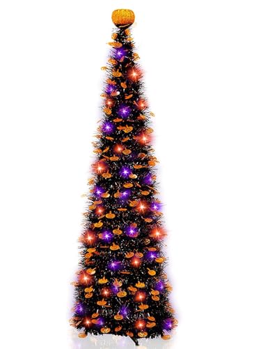 TURNMEON 5Ft Black Tinsel Halloween Tree with 50LED Orange Purple Lights Timer 8 Modes Pumpkin Ornament Pop Up Artificial Pencil Tree Halloween Decorations Home Party Indoor Outdoor