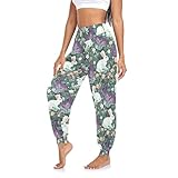 CHIFIGNO Pantalones deportivos tipo harén para mujer, pantalones deportivos de entrenamiento para mujer, pantalones de yoga de cintura alta, Conejos morados y blancos con flores, Medium