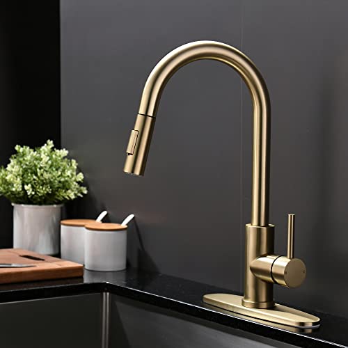 Tohlar Pull Down Kitchen Faucet Sprayer Head Replacement Part, 3 Function Pull Out Sink Sprayer Replacement Nozzle, Kitchen Faucet Head Hose Spray Tap Spout, Brushed Gold #TOP6