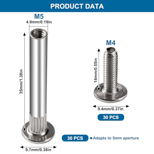 VooGenzek 30 Stücke Φ5mm Hülsenschrauben mit M4 Schrauben, Verbindungsschraube Möbelschrauben, Verbinder für Möbel Binding Schrauben, Stahl vernickelt Verbindungsschrauben, für Schränken, 36-45 mm