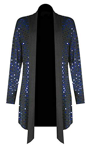 TrendyFashion Damen-Oberteil mit Wasserfall-Effekt, langärmelig, einfarbig, glitzernd, glänzende Pailletten, für Party und Nacht Gr. 48-50, blau Cover
