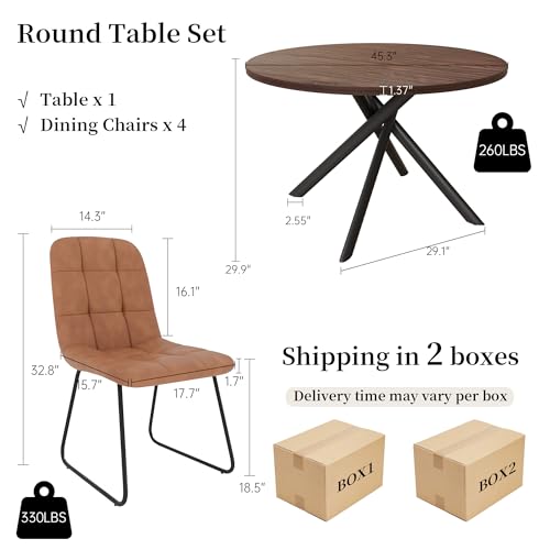HIPIHOM 45.3 Inch Round Dining Table Set for 4, Mid Century Modern Small Coffee Set for Dining Room Kitchen Apartment (Dark Walnut Table + 4 U-Shaped Brown Chairs)