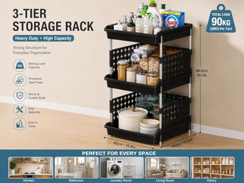 Image of KITCHIVO Multipurpose Storage Rack Organizer with Stainless Steel Pipes | Heavy Duty Plastic Shelf Stand for Kitchen, Bathroom, Laundry & Pantry (Black, 3 Layer)