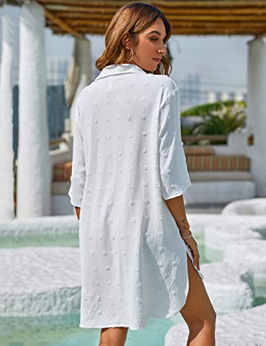 Blooming Jelly Womens Bathing Suit Cover Up Dress Chiffon Bikini Cover Ups V Neck 3/4 Sleeve Swimwear Shirt Dresses (Large, White) #TOP2