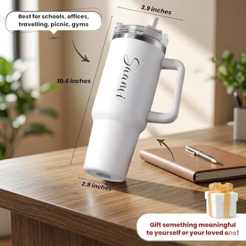 Image of SAVRI Customized Tumbler with Name, 1200 ML Stainless Steel Travel Mug with Straw, Lid & Handle, Personalised Sipper Water Bottle for Women, Men & Girls, Anniversary Birthday Gift for Office & Gym Use