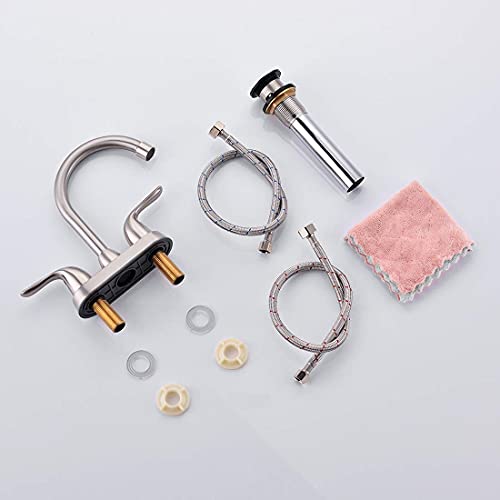 Bravebar Bathroom Sink Faucet With Pop-Up Drain Assembly, 4 Inch 2 Handle Centerset Faucet - Temperature Control, Easy To Install, Durable & Safety - Lavatory Faucet Brushed Nickel, Easy To Clean #TOP6