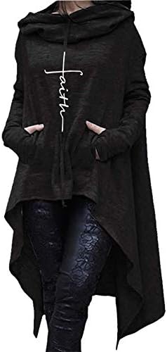 Rfecccy Faith Print Long Sleeve Loose Casual Pullovers Irregular Hem Long Hoodies for Women Black