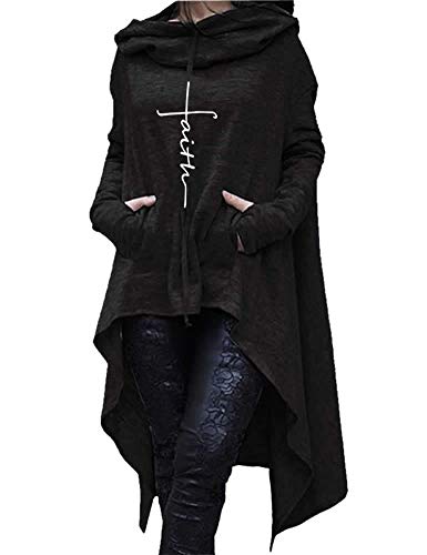 Rfecccy Faith Print Long Sleeve Loose Casual Pullovers Irregular Hem Long Hoodies For Women Black #TOP7