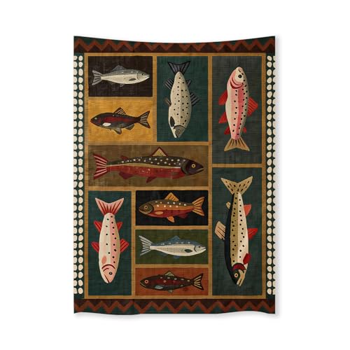 FoxUncle Fish Tapestry 60 X 80 Inches Vintage Dark Western Wall Art Rustic Country Salmon Trout Painting Retro Cabin Aesthetic Decor for Living Room Bedroom