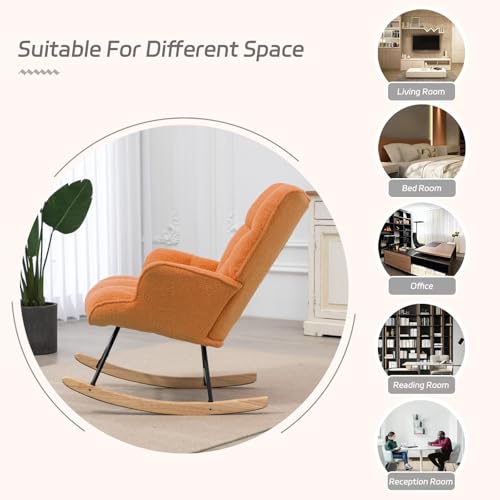 Image of SAETSFEG Rocking Chair Nursery Teddy Upholstered Glider Rocker Rocking Accent Chair Padded Seat with High Backrest Armchair Comfy Side Chair for Living Room Bedroom Offices (Orange Teddy)