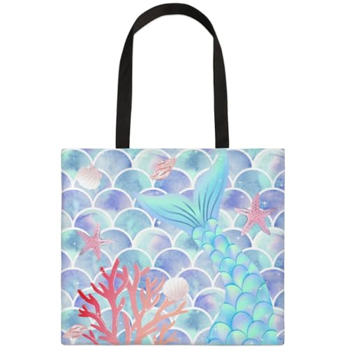 Mularoka Scale Coral Starfish Square Canvas Tote Bag Top Handle Purses Stylish Women Canvas Shoulder Tote Bags Reusable Handbags for Work Travel Picnic Beach Shopping Gym Hiking
