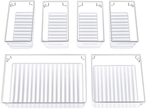 InnoGear Makeup Drawer Organiser 6 Packs Desk Drawer Organisers Fridge Trays Organizer with 3-Size Clear Plastic Storage Boxes Divider for Kitchen Bathroom Office Stationery