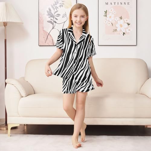 ALAZA White Black Print Zebra Satin Pajamas Set Short Sleeve Button Down Sleepwear Summer Pjs 2 Piece3