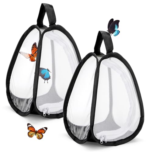 Kingrol 2 Pack Collapsible Insect & Butterfly Habitat Cage, Pop-Up Mesh Butterfly Rearing Enclosure with Clear Viewing Window, Zipper Access & Polyester Base, 7.75 x 7.75 x 11 Inch