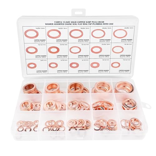 Pryzmax 150 pcs Arandela Carter Aceite, Sellado Junta Arandelas Tornillo Planas Metalicas Coche, Plana Puerta Metal Cobre, Juego Arandelas para Bisagras de Puertas Accessories for Sump Plugs