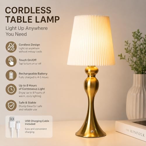 HEQET Cordless Table Lamp, Portable Desk Lamps, Battery Operated, Rechargeable Accent Wireless lamp, for Restaurant, Bedroom, Outdoor Camping, Coffee Shop, Night Light, Bar,Kitchen(Gold) by HEQET - Used condition - Image 5